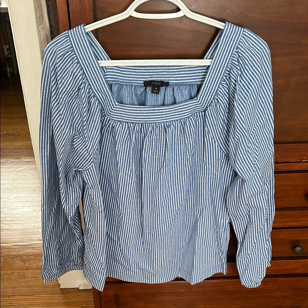J. Crew Blue and White Long Sleeve Blouse with Square Neckline